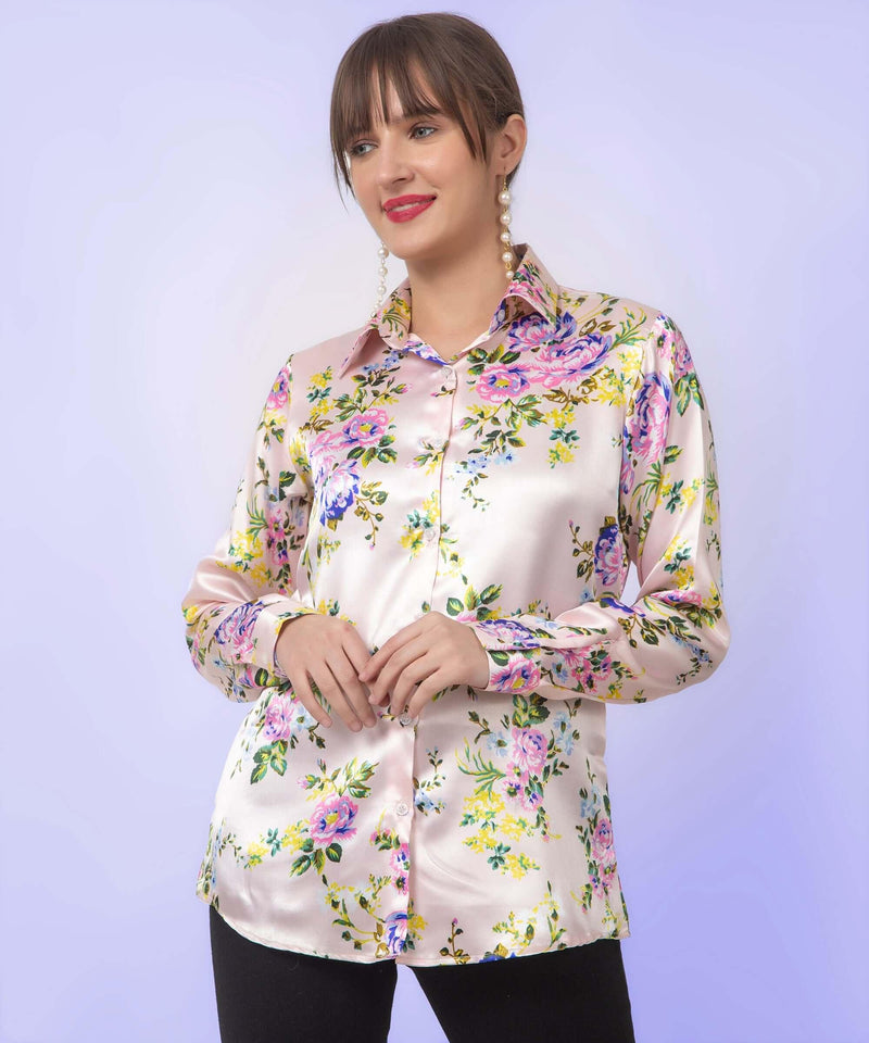 Cream Floral Printed Satin Shirt - Vooning