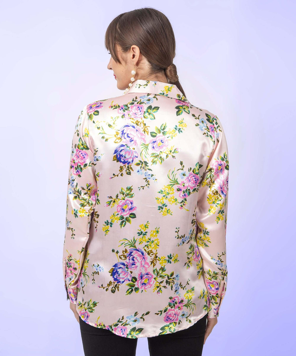 Cream Floral Printed Satin Shirt - Vooning