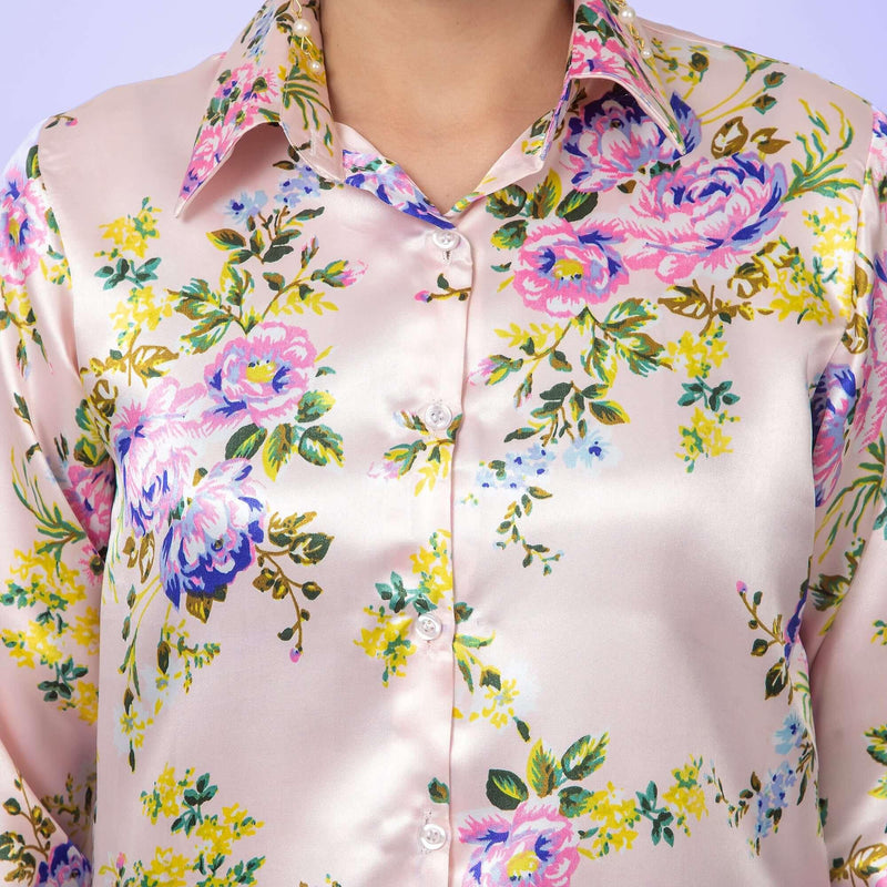 Cream Floral Printed Satin Shirt - Vooning