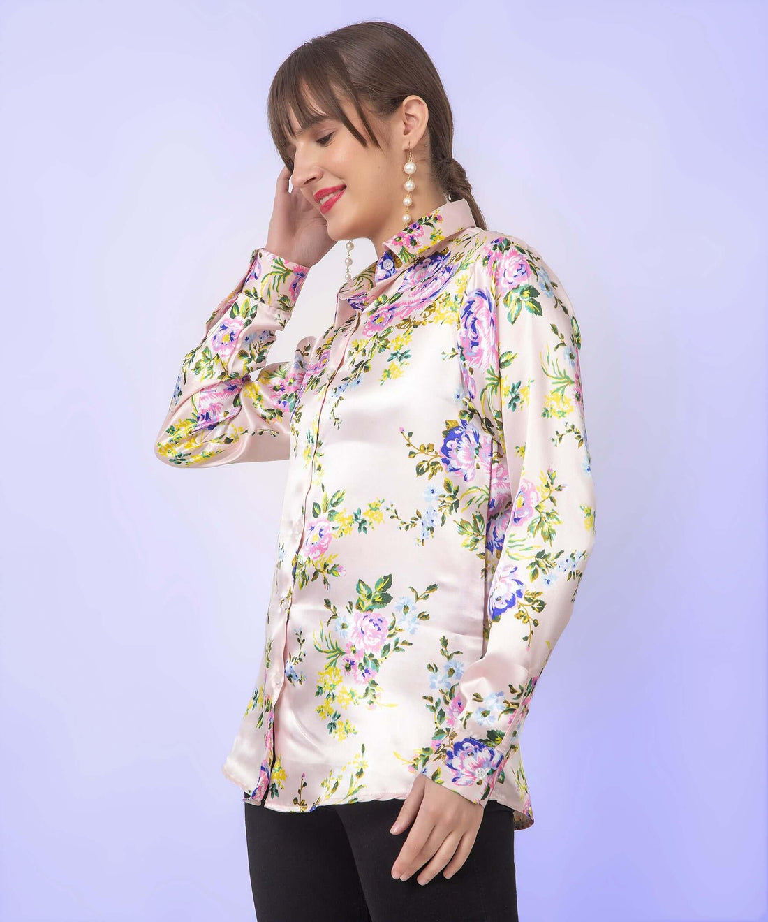 Cream Floral Printed Satin Shirt - Vooning