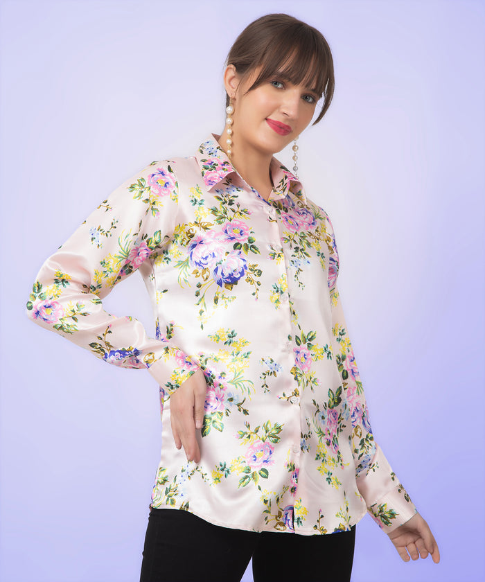 Cream Floral Printed Satin Shirt