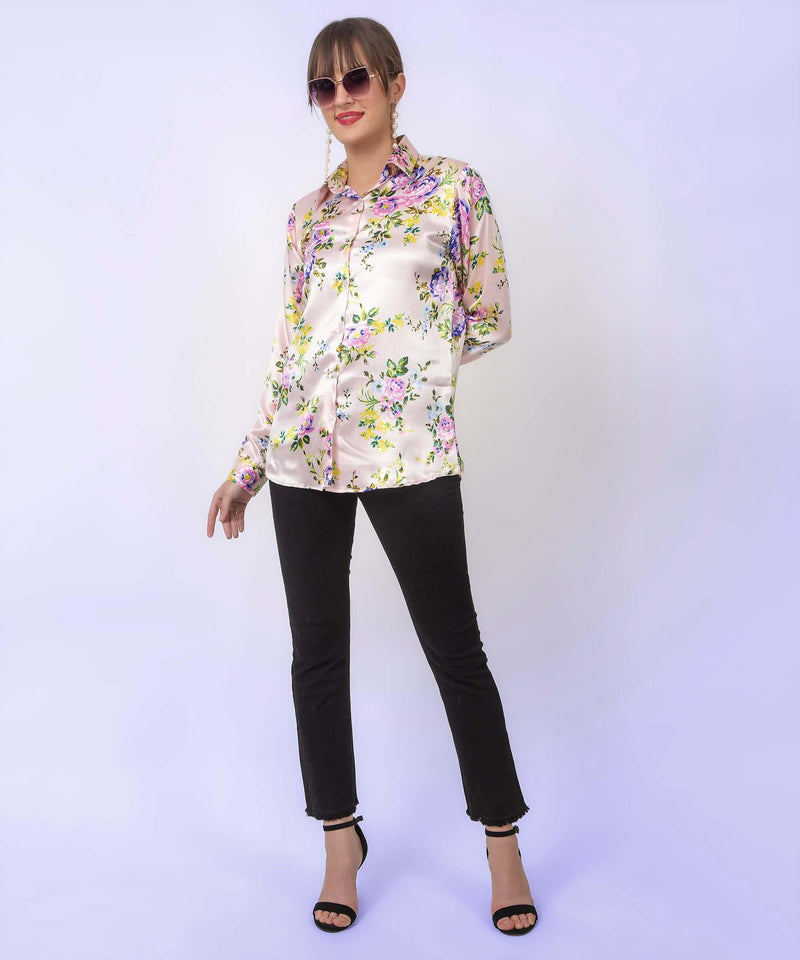 Cream Floral Printed Satin Shirt - Vooning