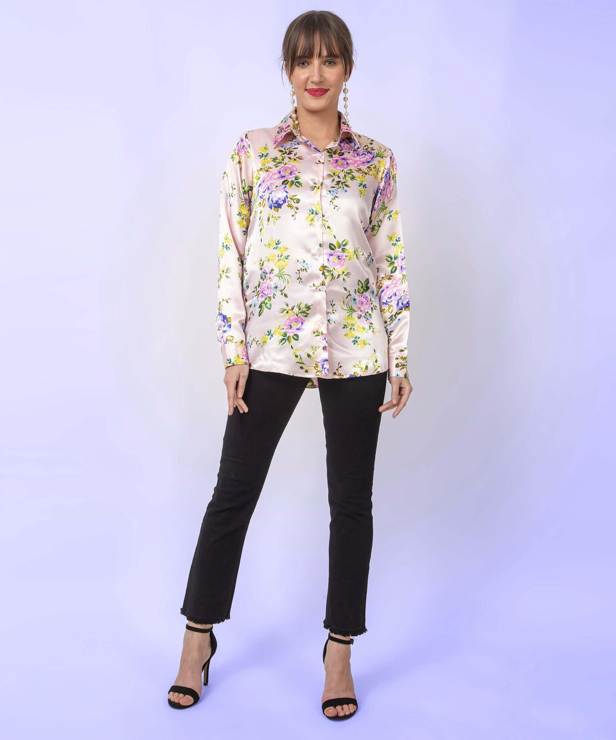 Cream Floral Printed Satin Shirt - Vooning