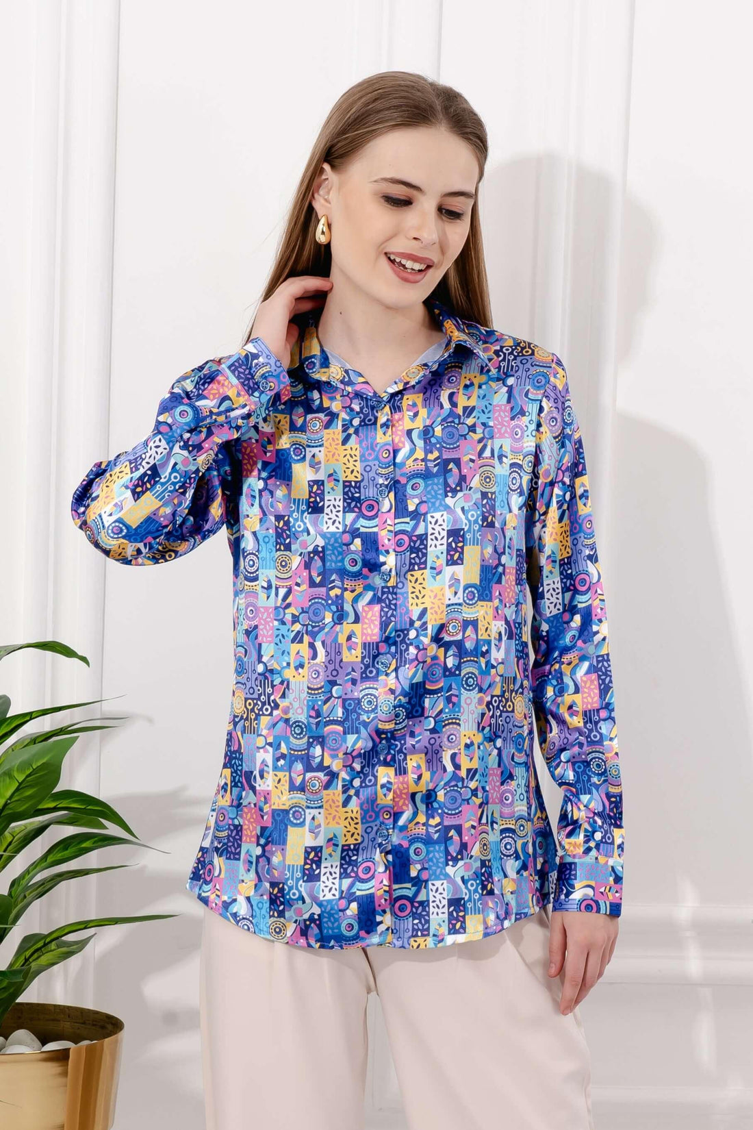 Multicolor Art Printed Satin Shirt - Vooning