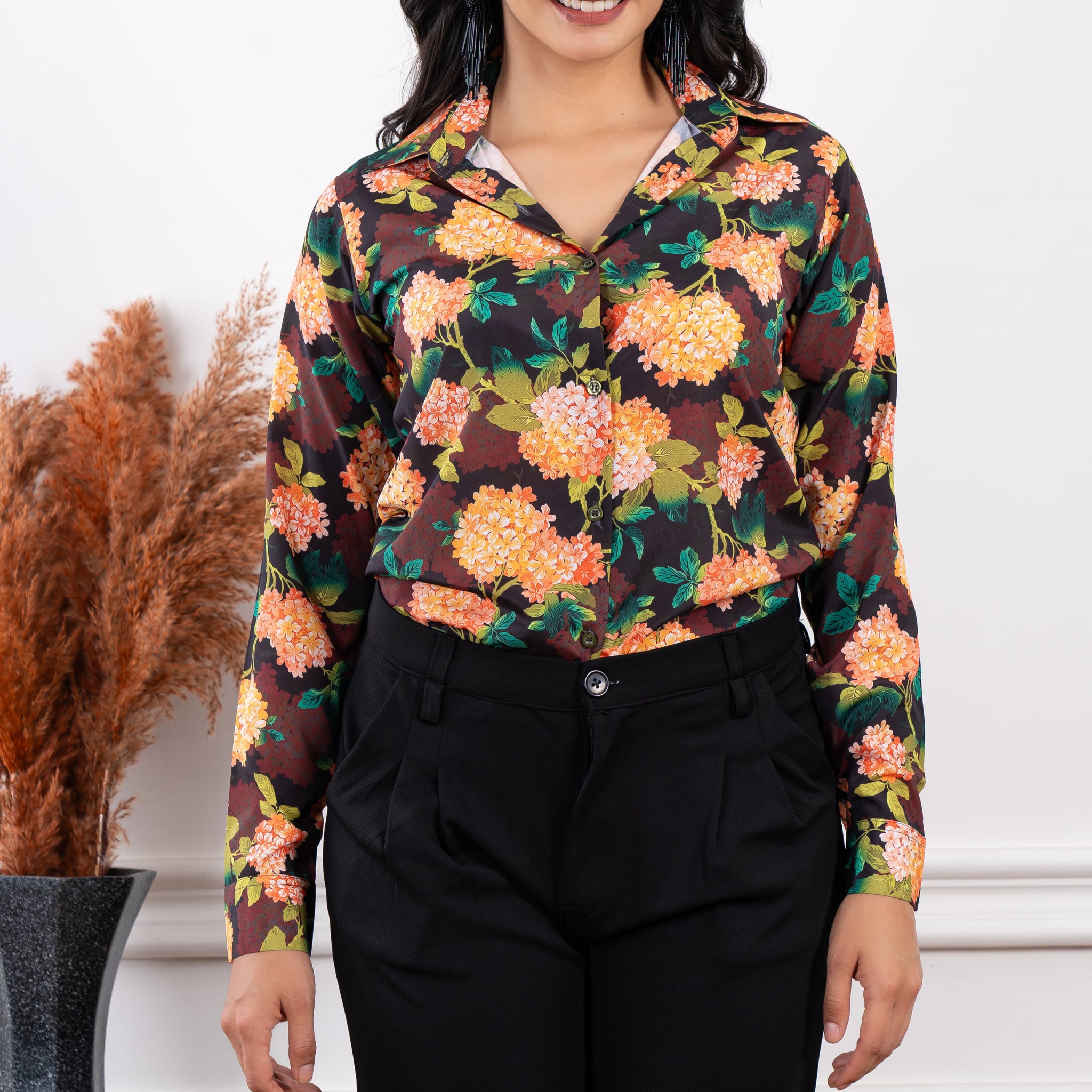 Multicolored Floral Printed Satin Shirt - Vooning