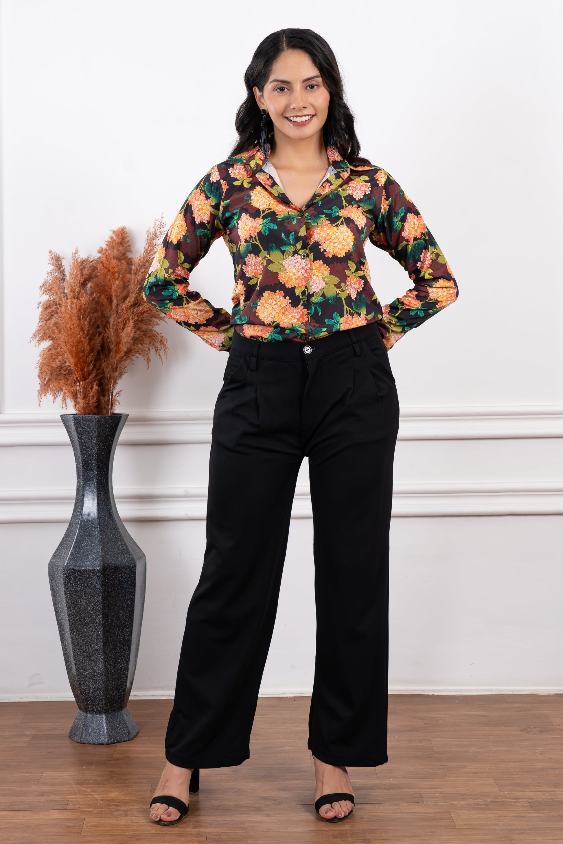 Multicolored Floral Printed Satin Shirt - Vooning