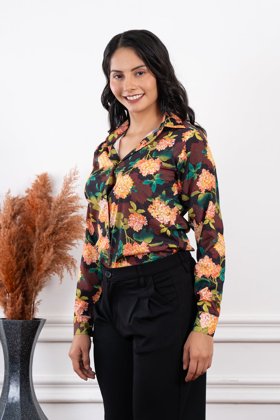 Multicolored Floral Printed Satin Shirt - Vooning