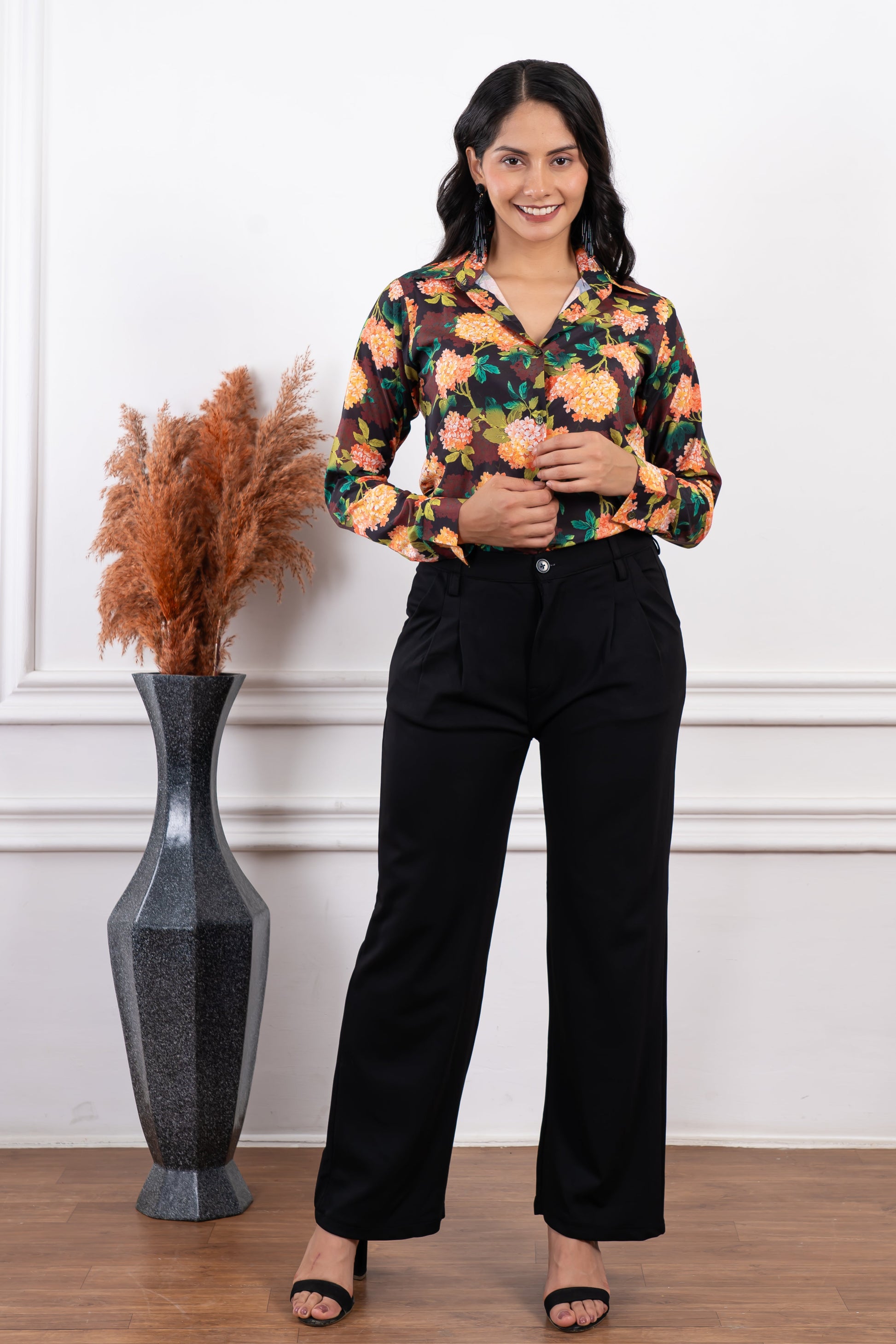 Multicolored Floral Printed Satin Shirt - Vooning