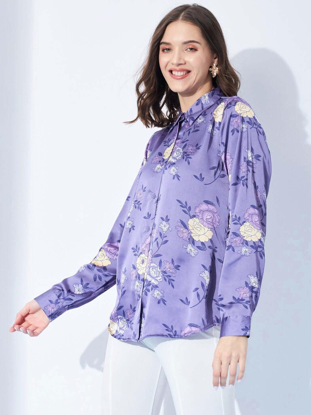 Purple Floral Printed Satin Shirt - Vooning