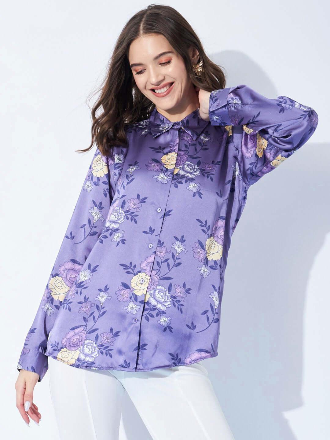 Purple Floral Printed Satin Shirt - Vooning