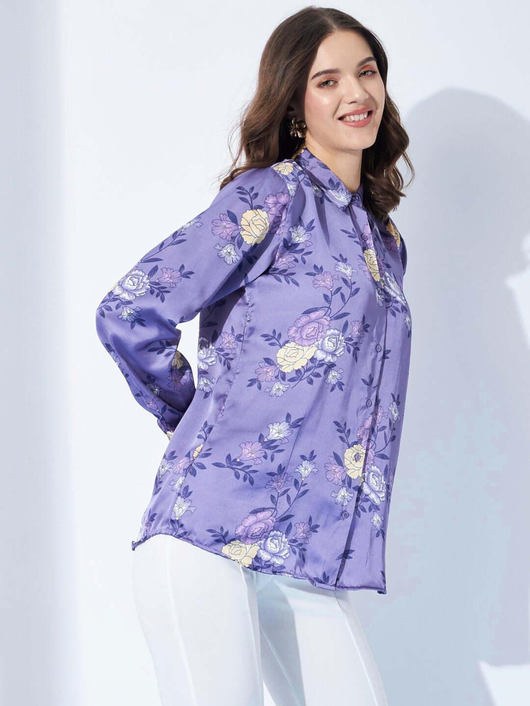 Purple Floral Printed Satin Shirt - Vooning