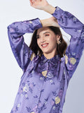 Purple Floral Printed Satin Shirt - Vooning