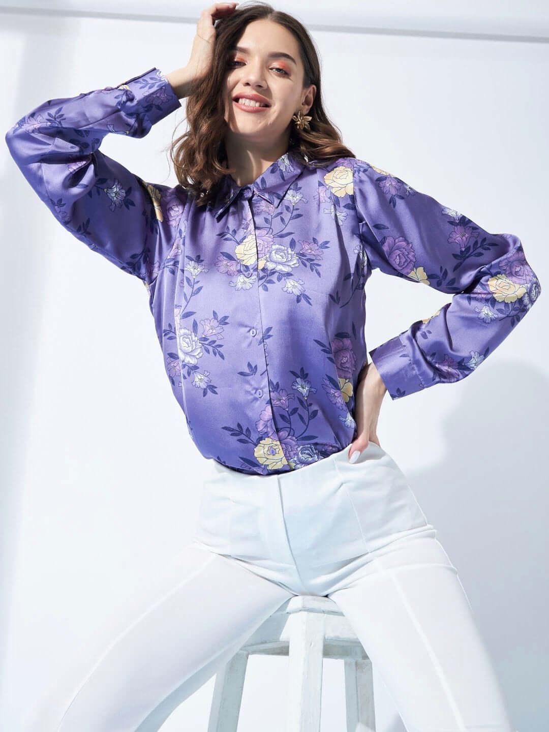 Purple Floral Printed Satin Shirt - Vooning