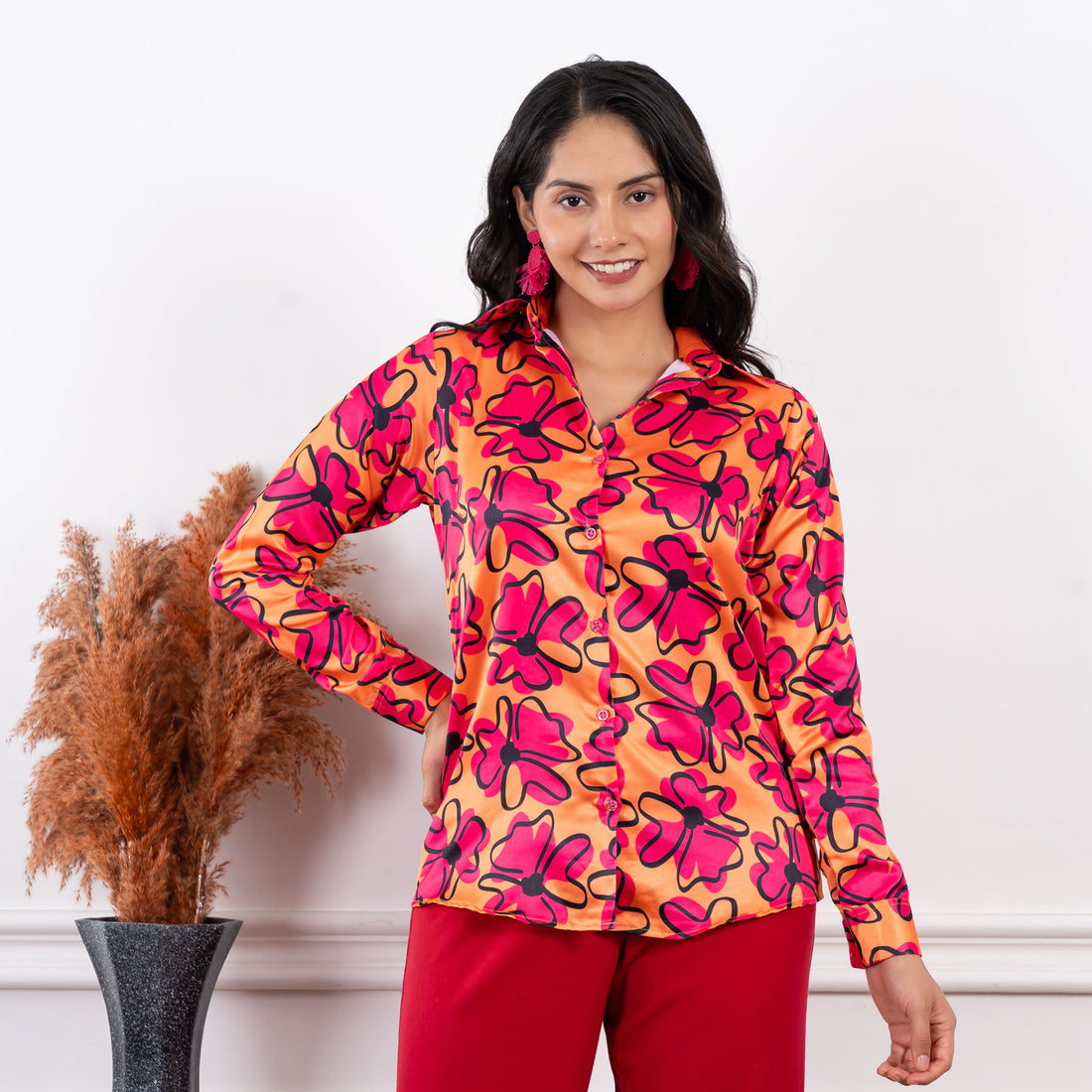 Saphira Orange Pink Floral Printed Shirt - Vooning