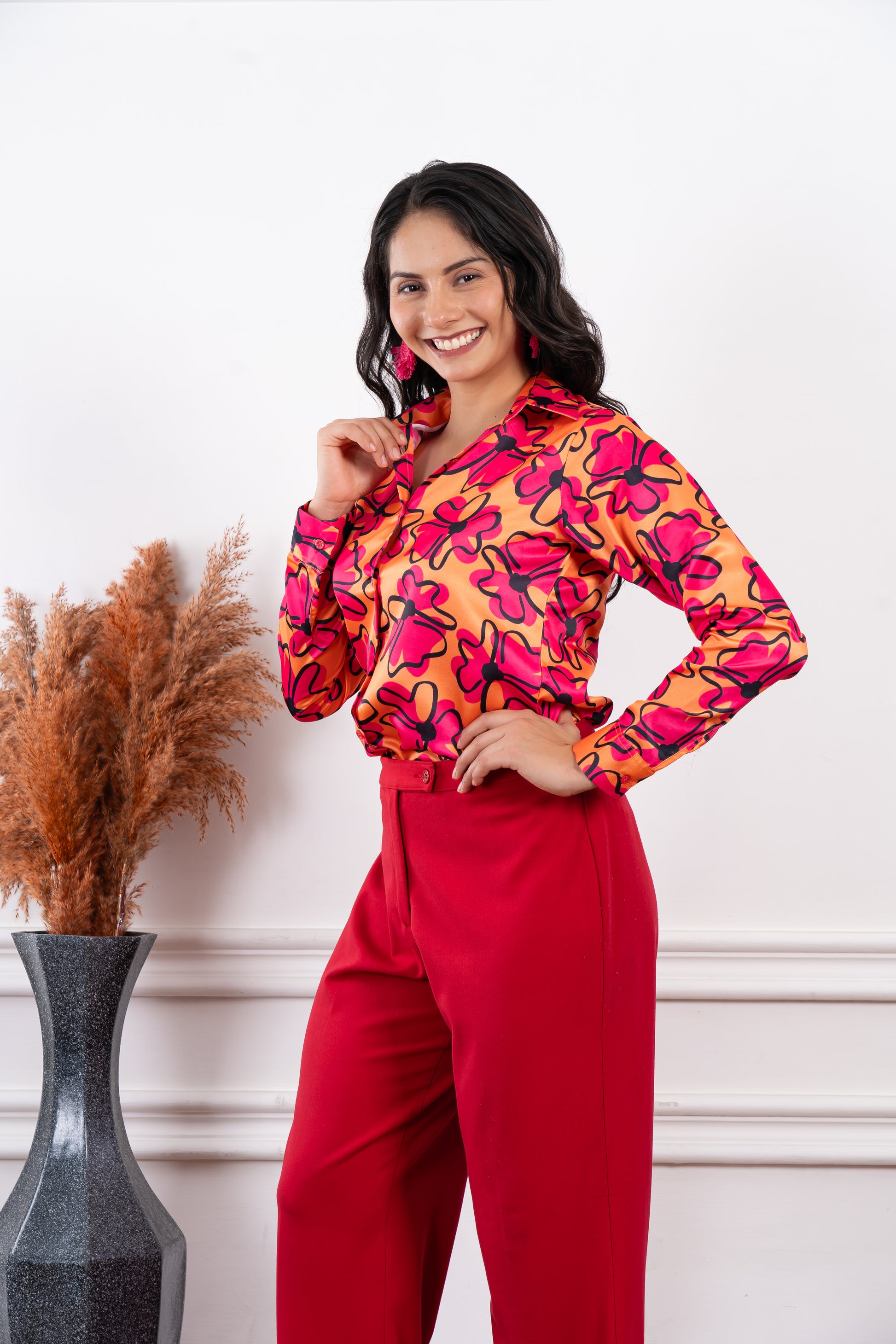 Saphira Orange Pink Floral Printed Shirt - Vooning