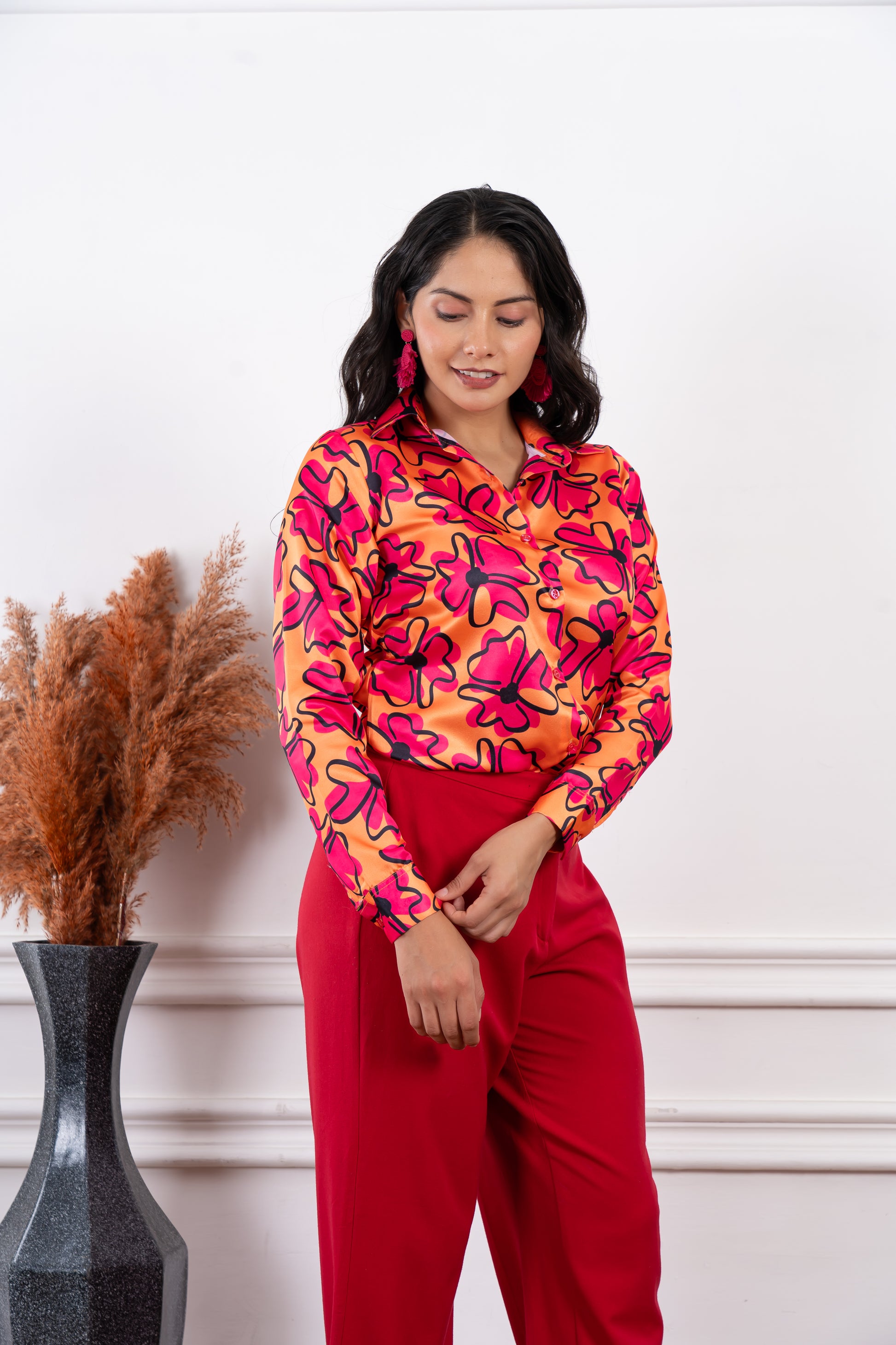 Saphira Orange Pink Floral Printed Shirt - Vooning