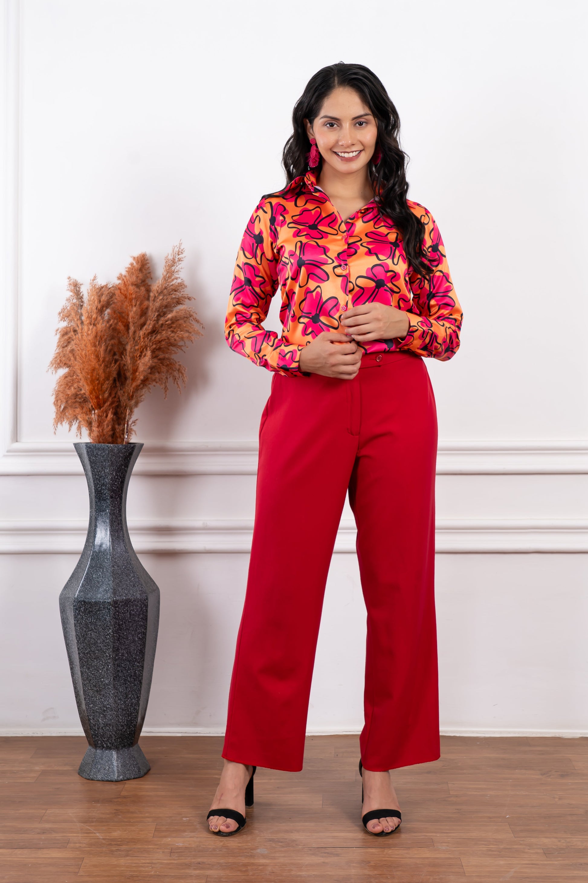 Saphira Orange Pink Floral Printed Shirt - Vooning