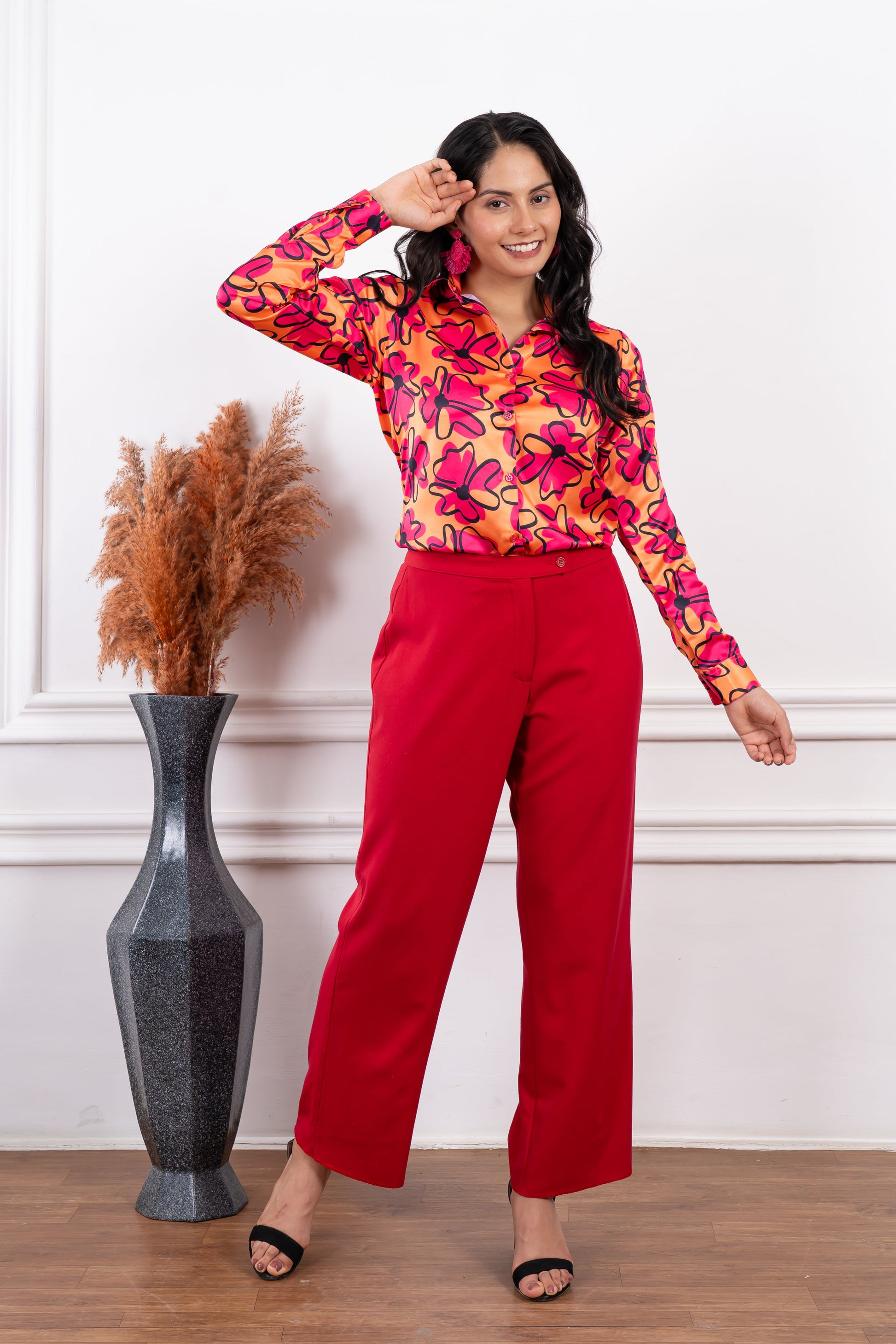 Saphira Orange Pink Floral Printed Shirt - Vooning