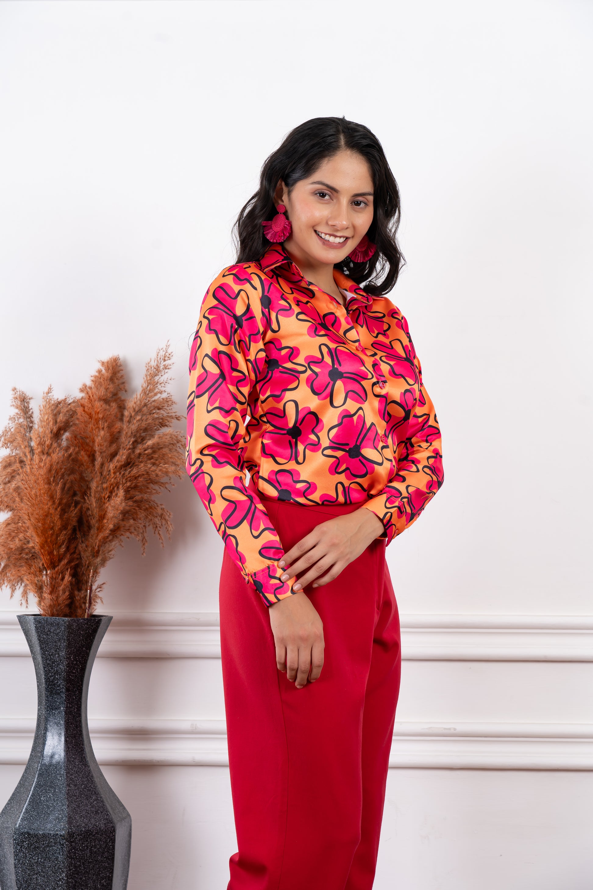 Saphira Orange Pink Floral Printed Shirt - Vooning