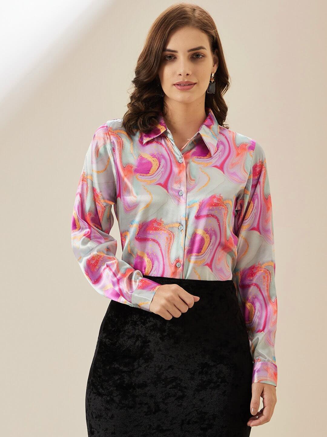 Satin Marble Printed Shirt - Vooning