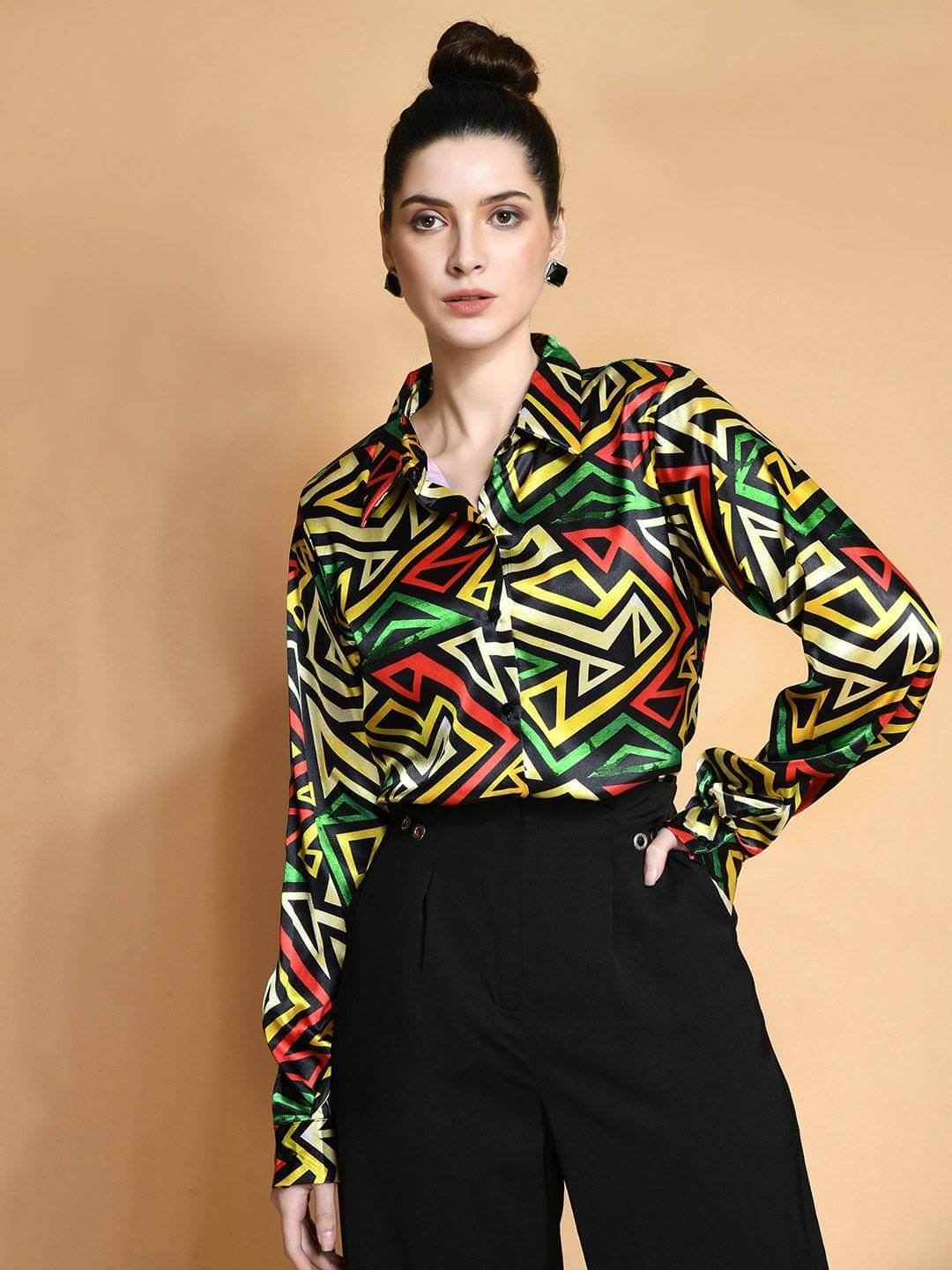 Satin Shirt Geometric Print