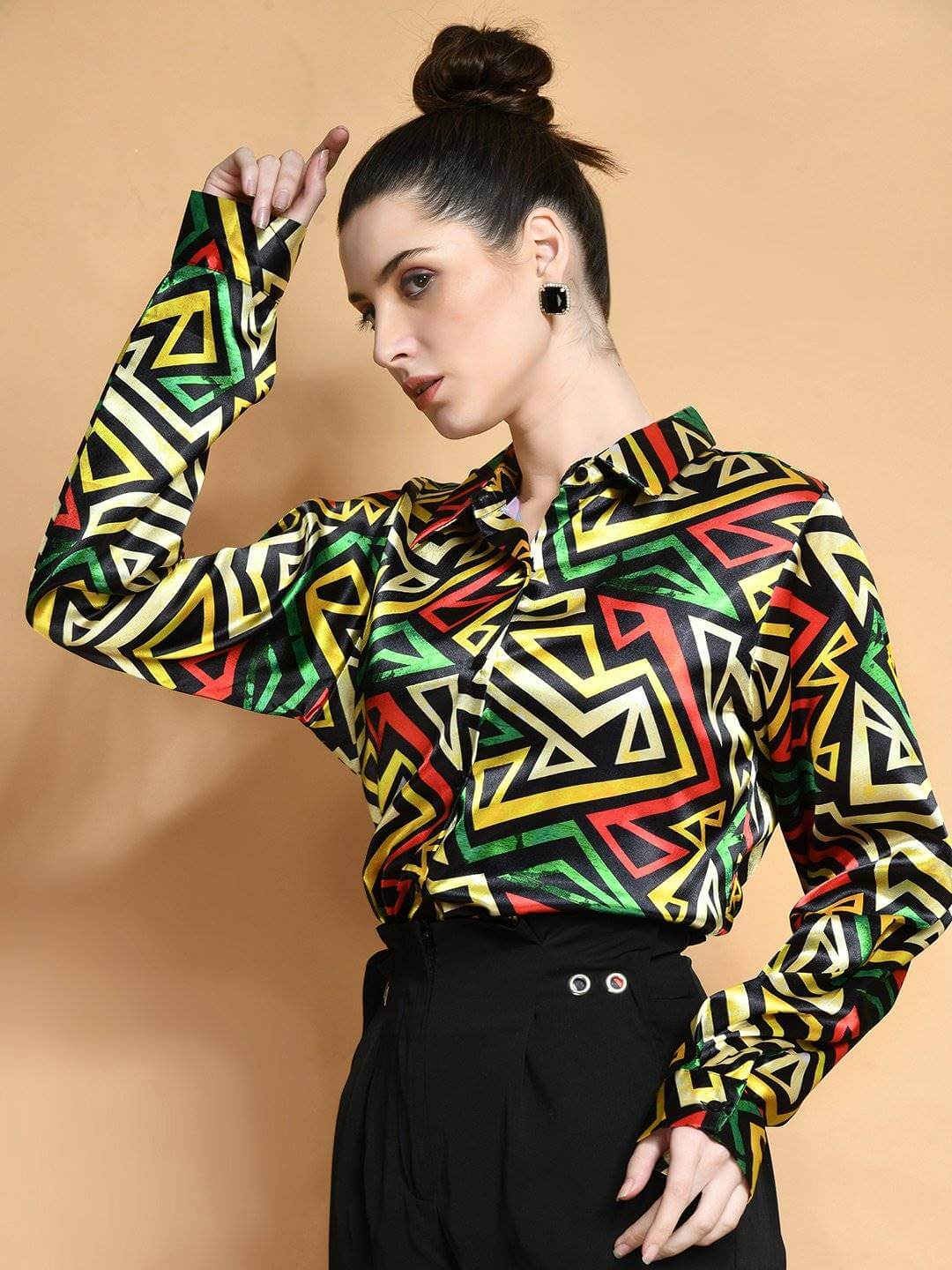 Satin Shirt Geometric Print