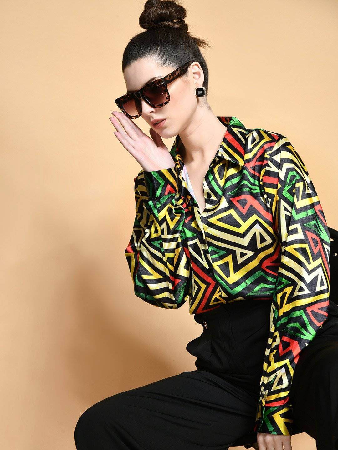 Satin Shirt Geometric Print - Vooning
