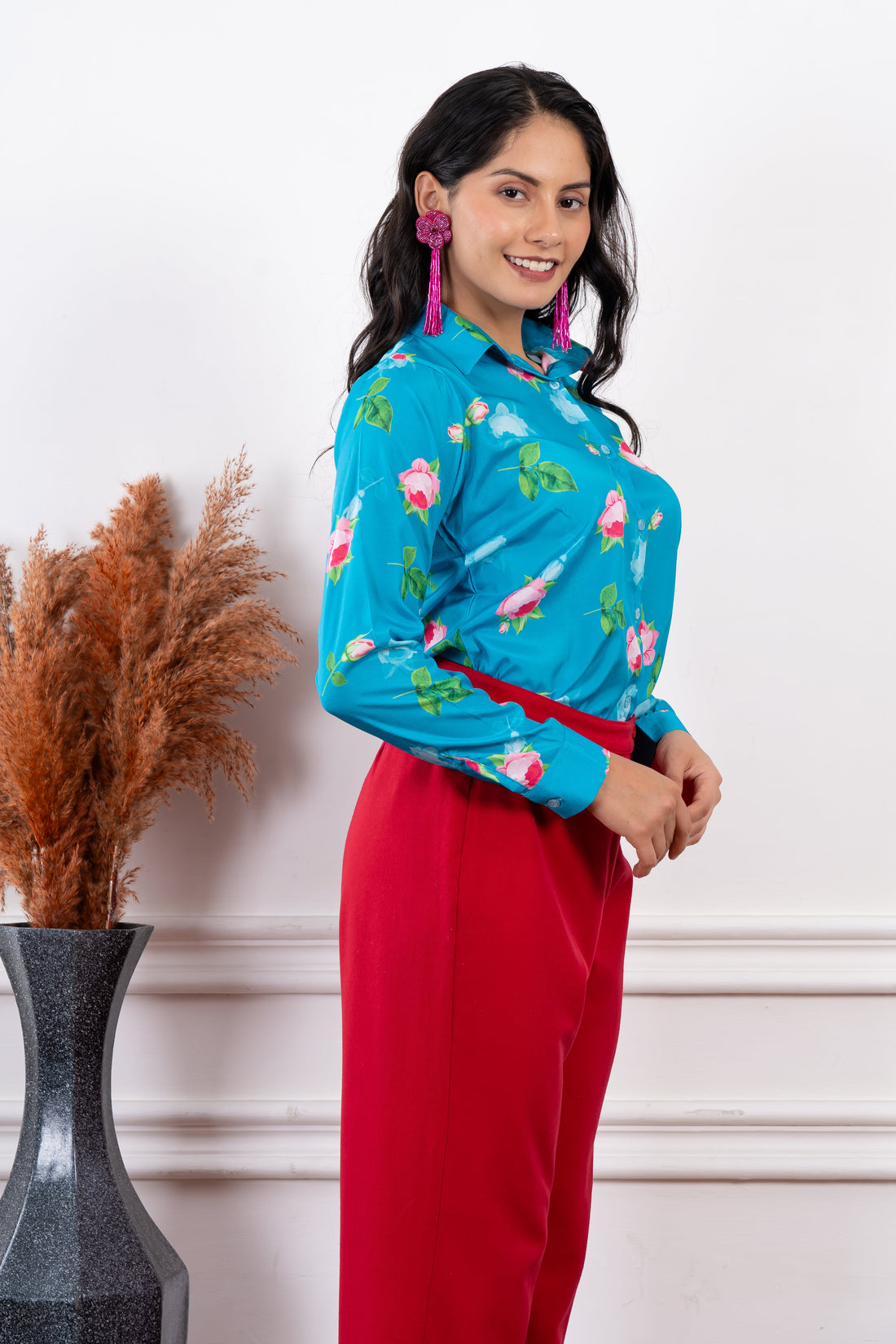 Seraphina Aqua Blue Floral Print Shirt For Women - Vooning