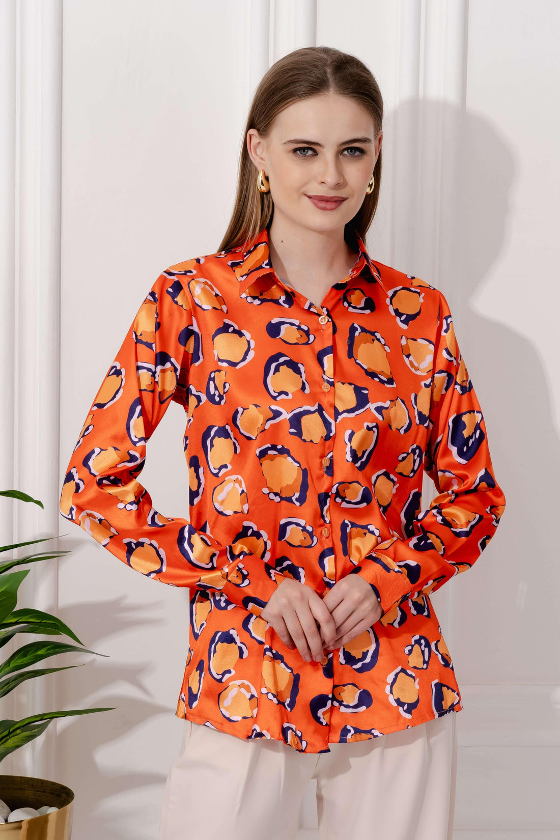 Vintage Printed Orange Satin Shirt - Vooning