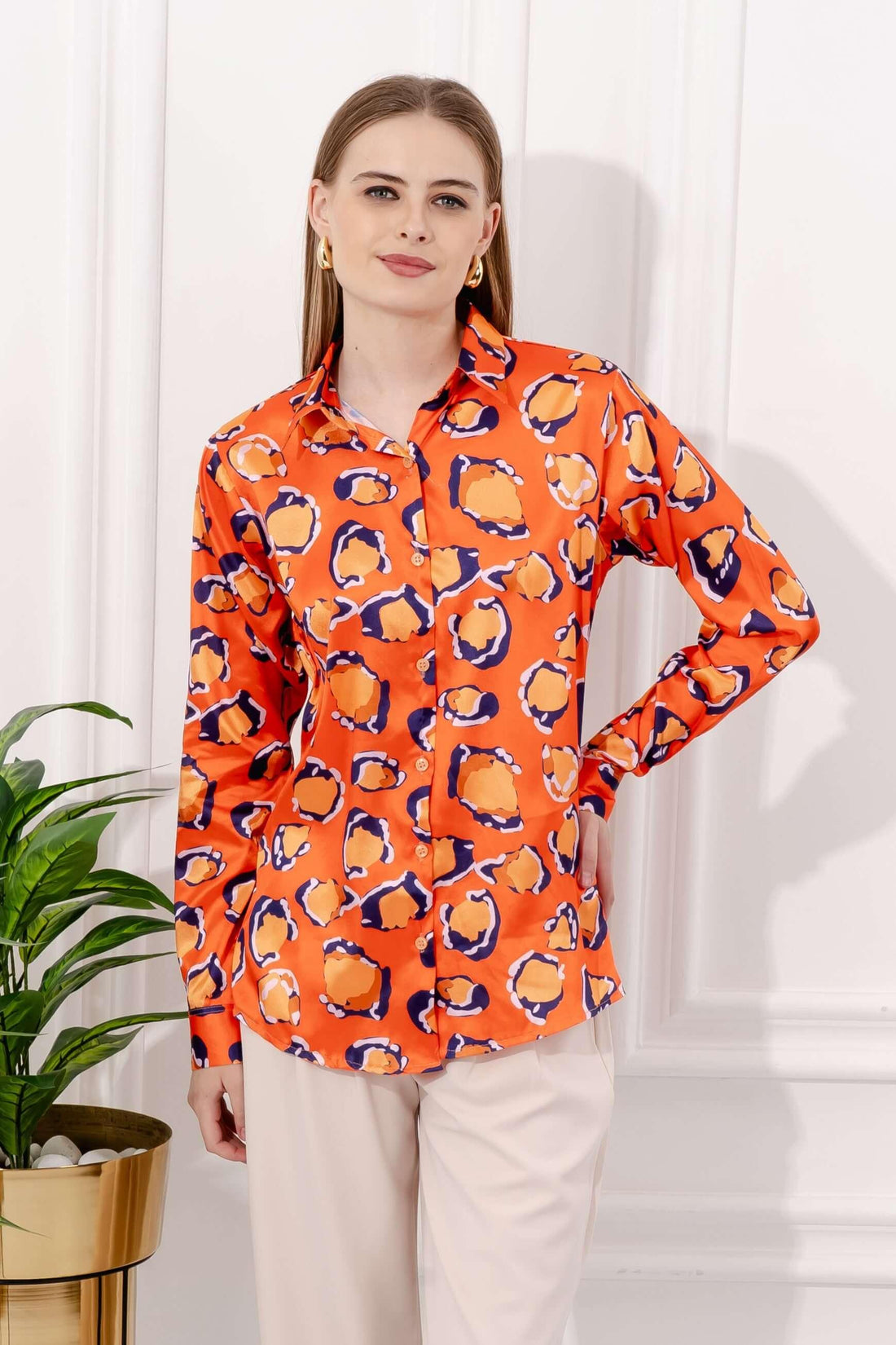 Vintage Printed Orange Satin Shirt - Vooning