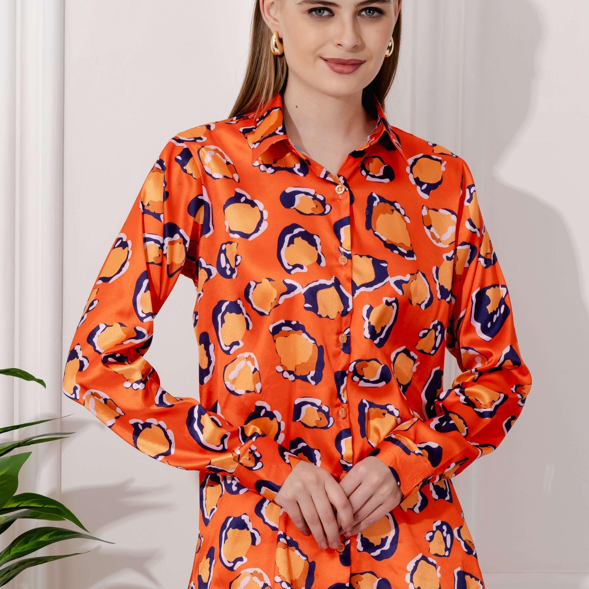 Vintage Printed Orange Satin Shirt - Vooning