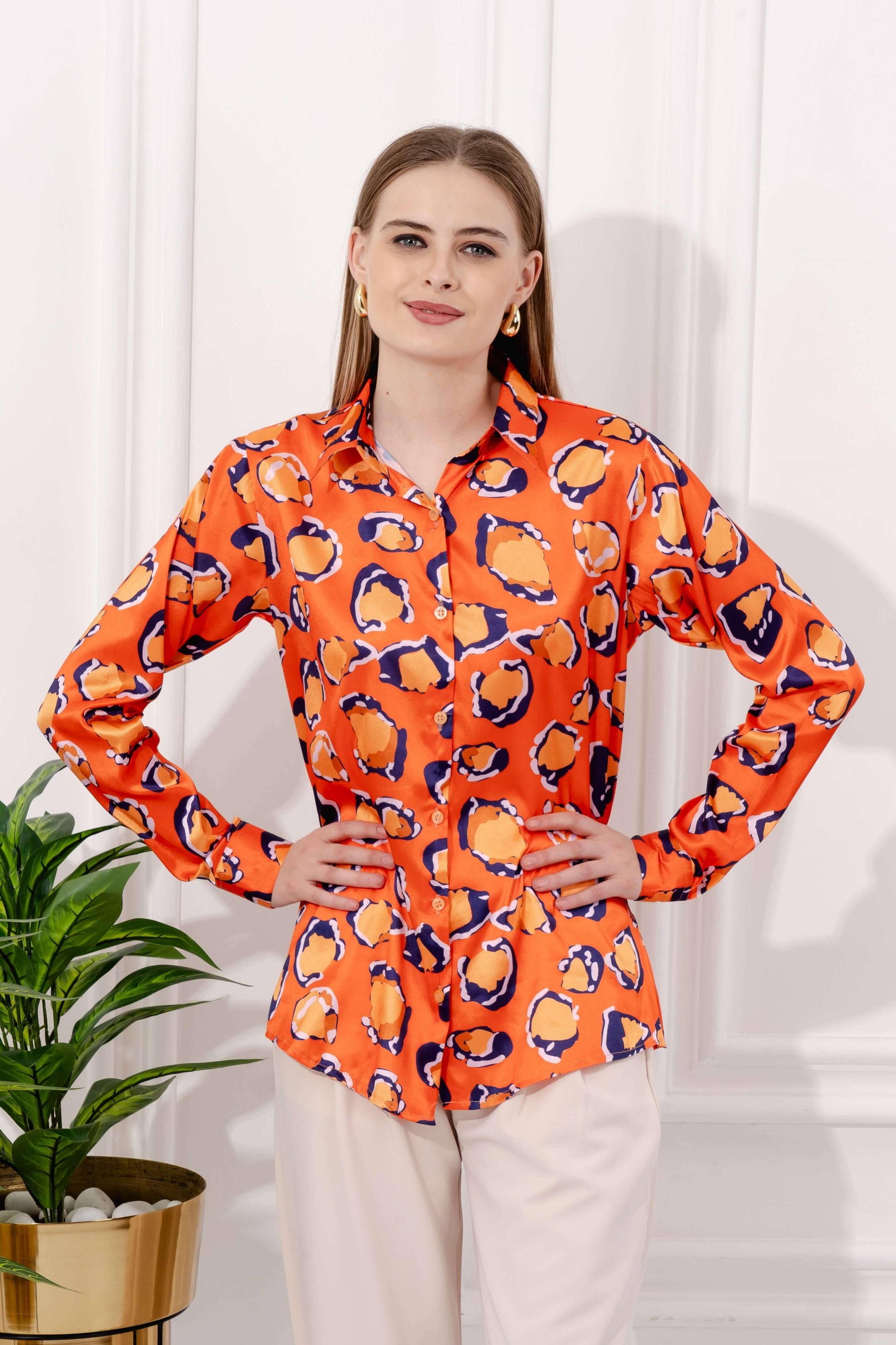 Vintage Printed Orange Satin Shirt - Vooning
