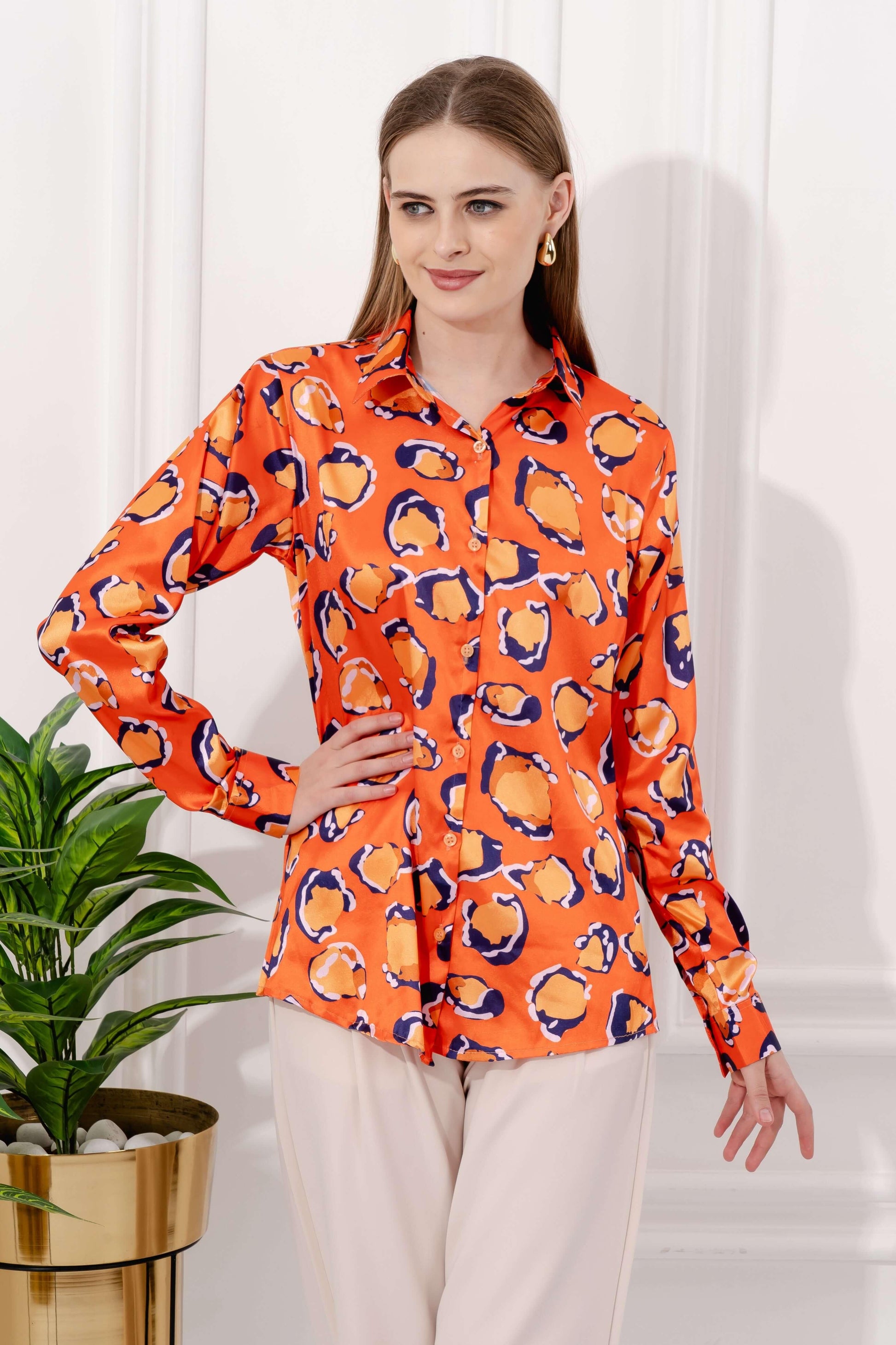 Vintage Printed Orange Satin Shirt - Vooning