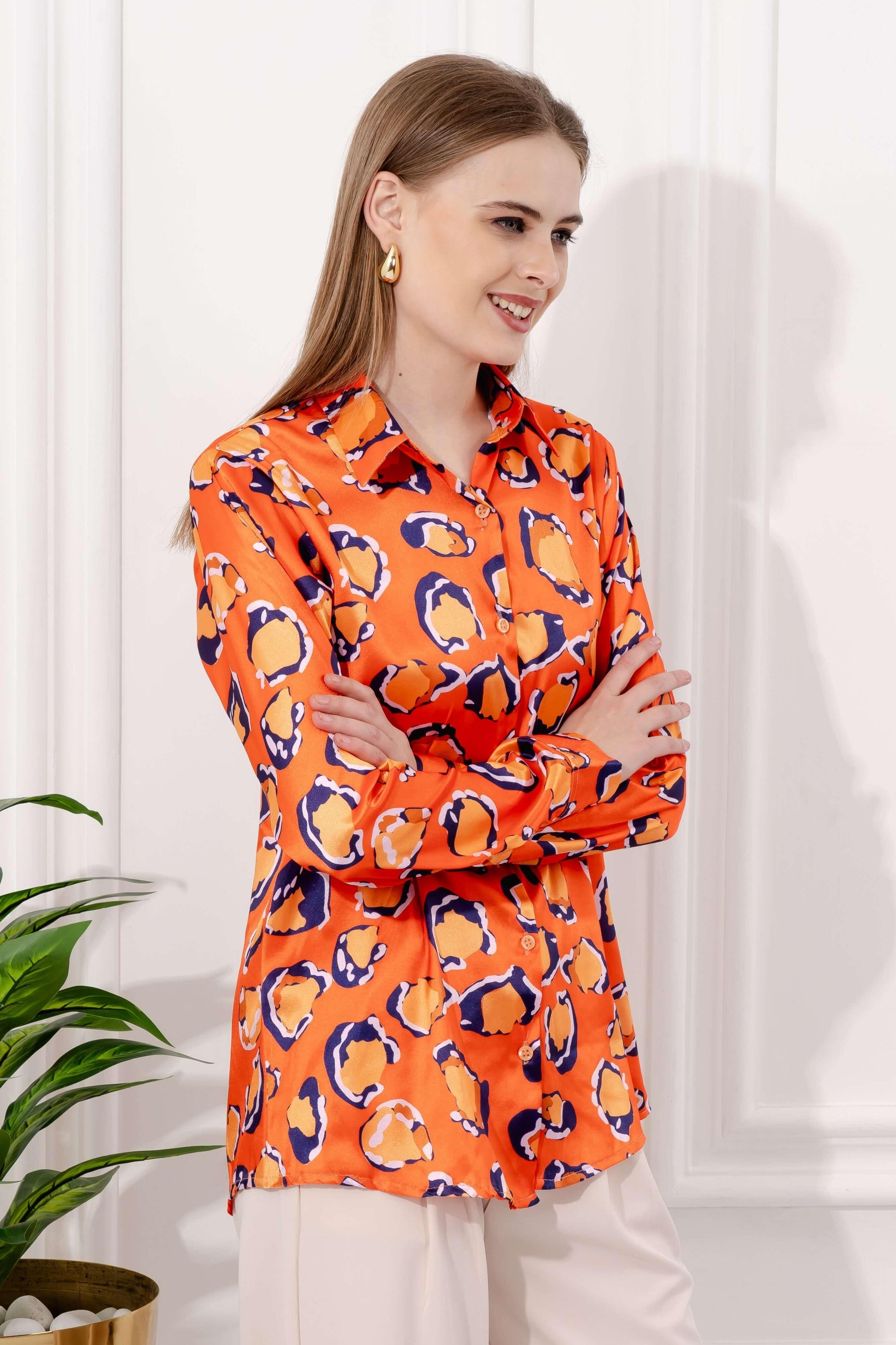 Vintage Printed Orange Satin Shirt - Vooning