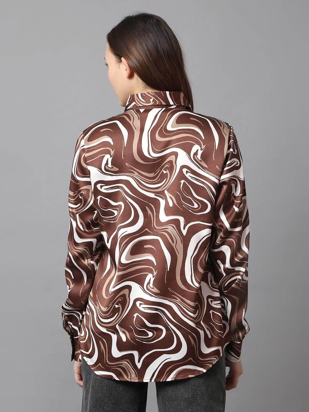 Brown Printed Satin Shirt - Vooning