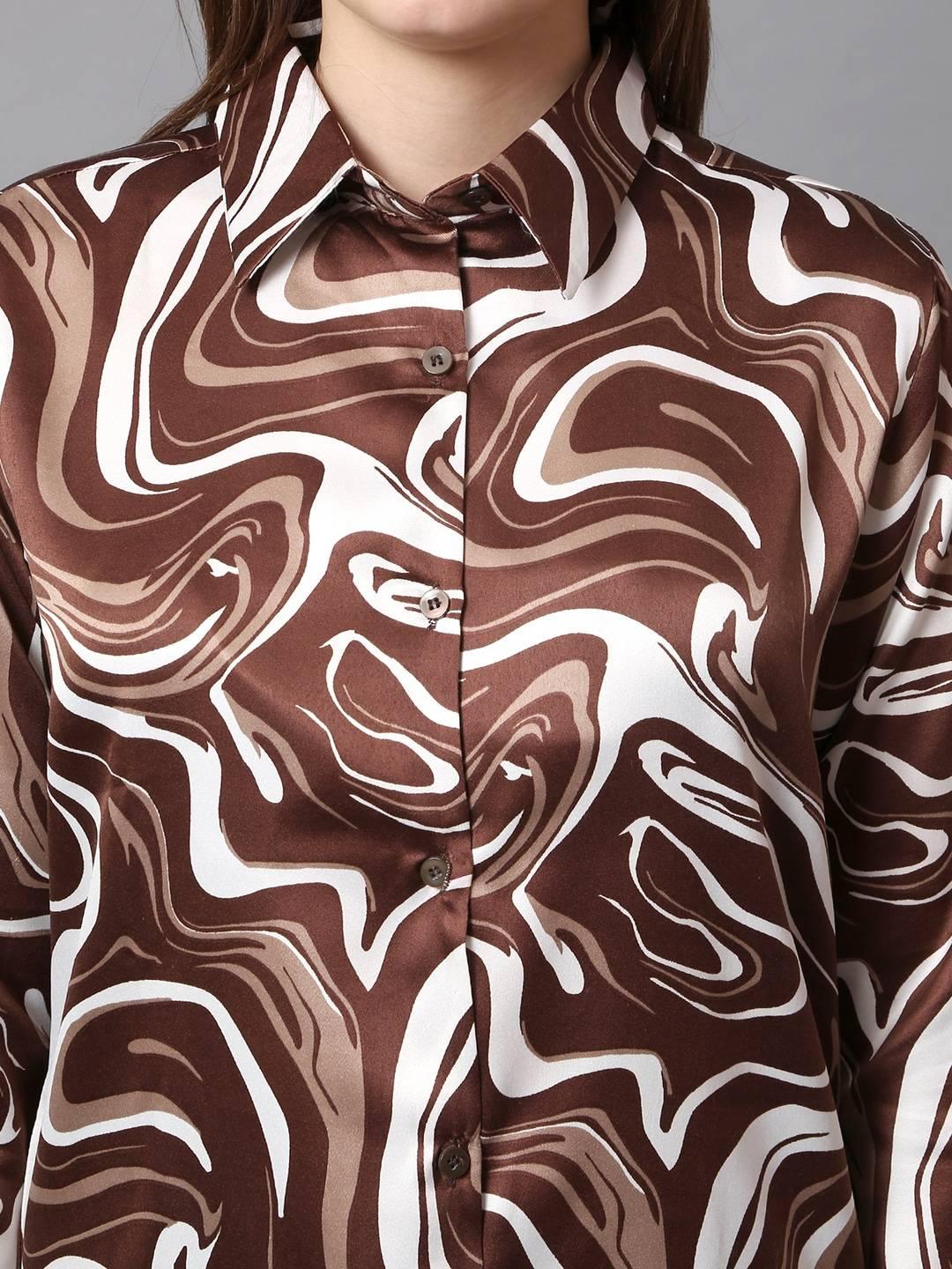Brown Printed Satin Shirt - Vooning