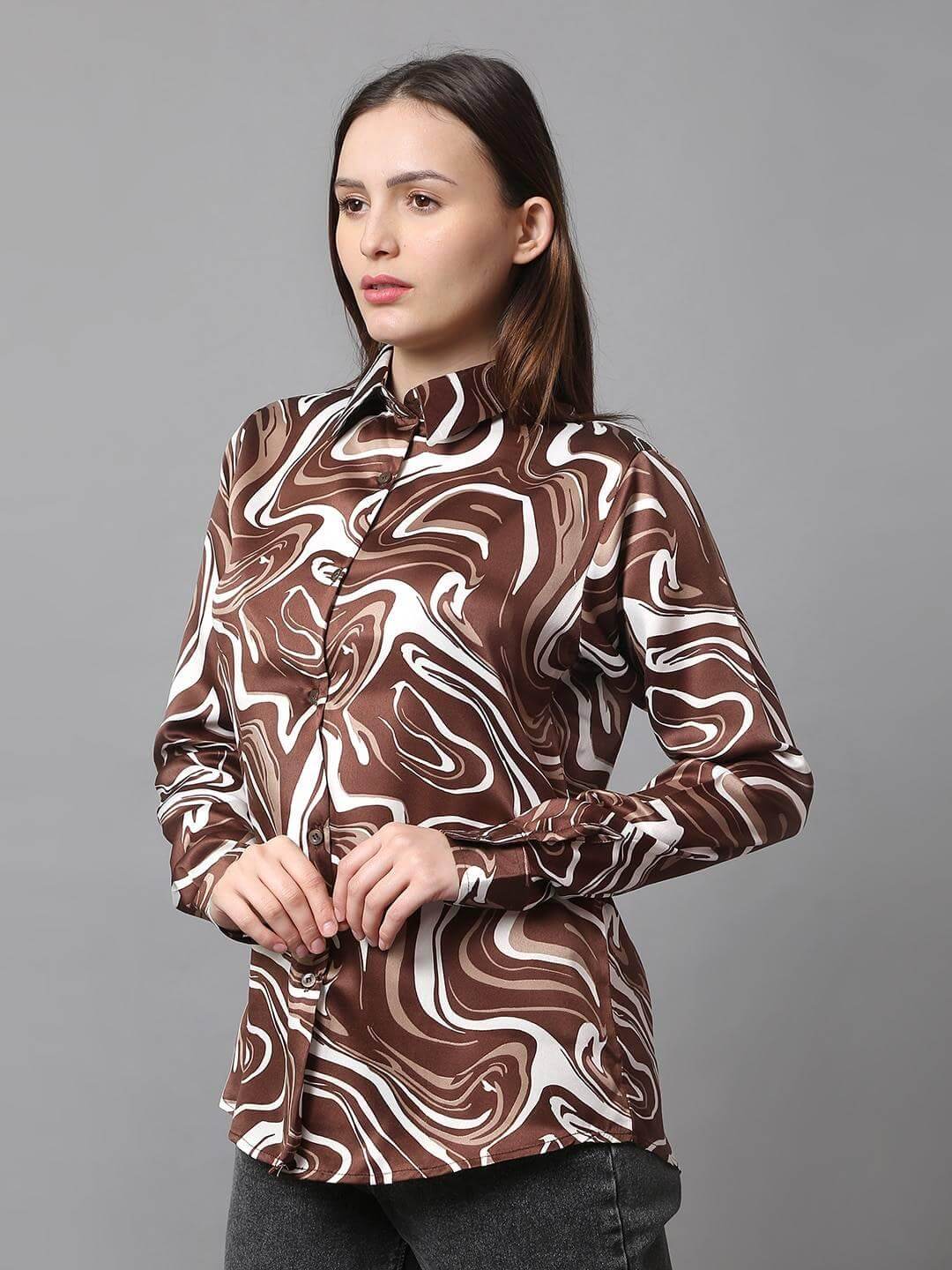 Brown Printed Satin Shirt - Vooning