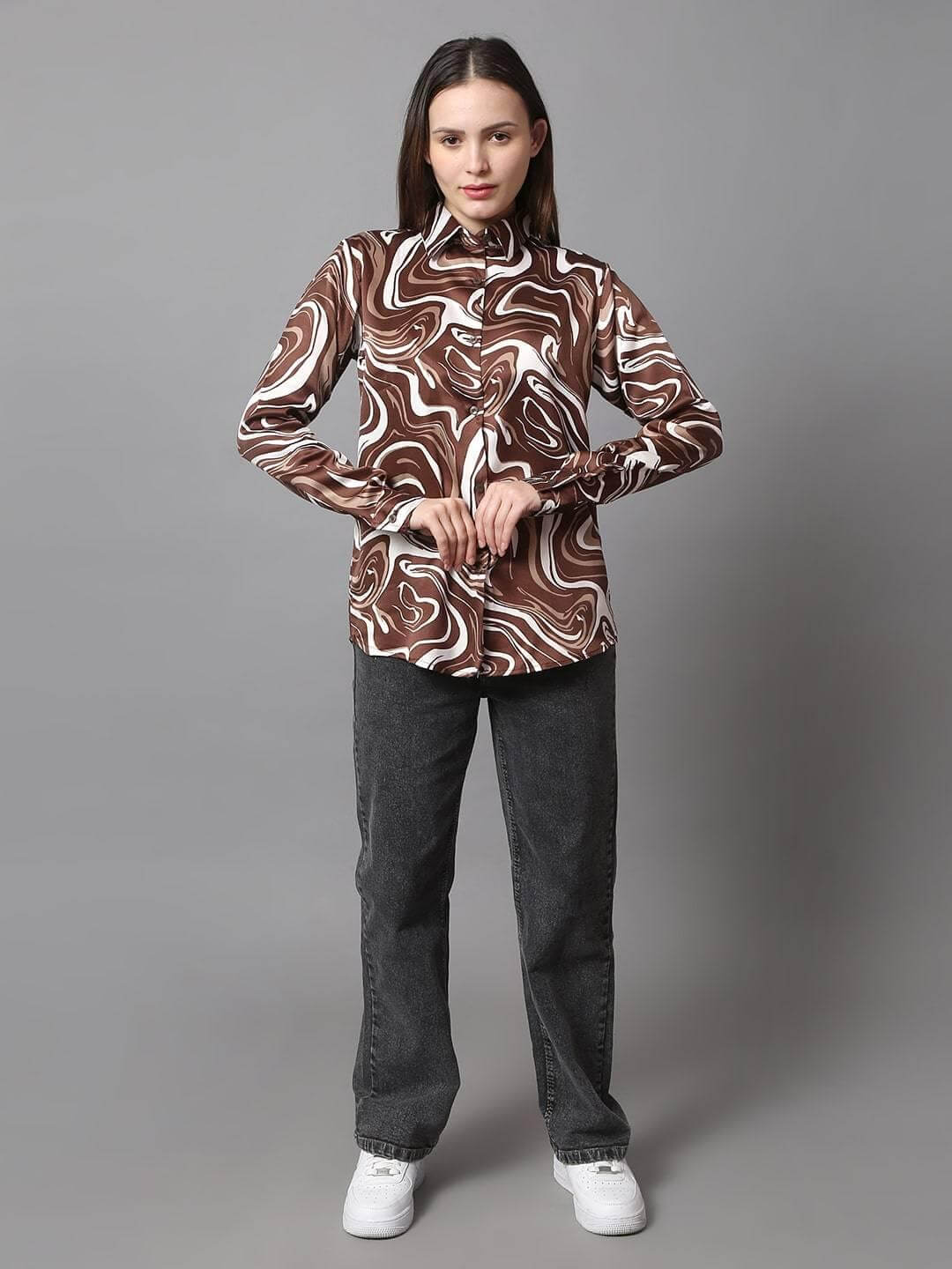 Brown Printed Satin Shirt - Vooning