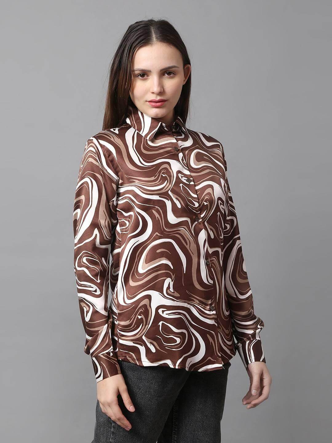 Brown Printed Satin Shirt - Vooning