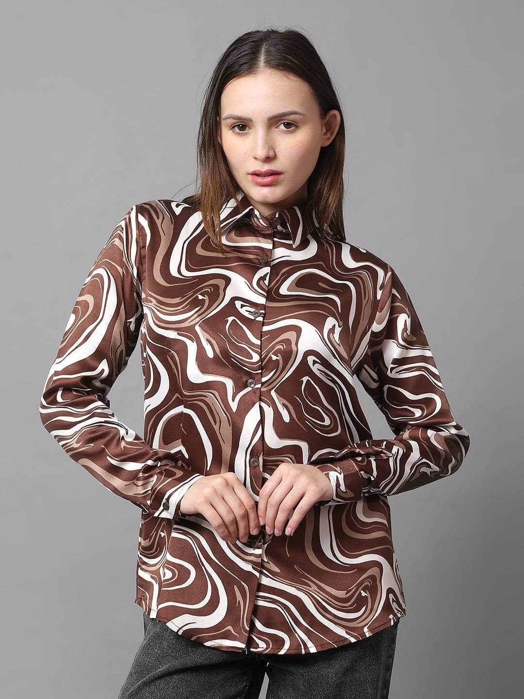 Brown Printed Satin Shirt - Vooning