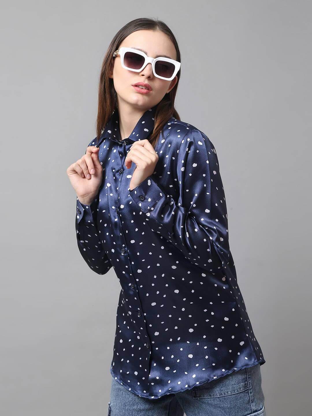 Polka Printed Satin Shirt - Vooning