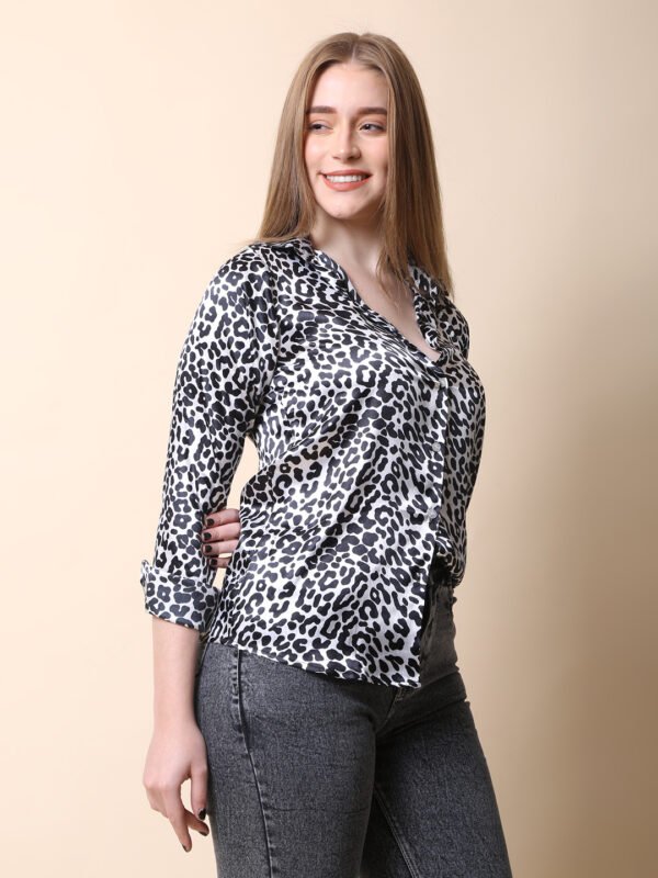 Women’s Animal Print Satin Shirt – Full Sleeve Button-Down Top