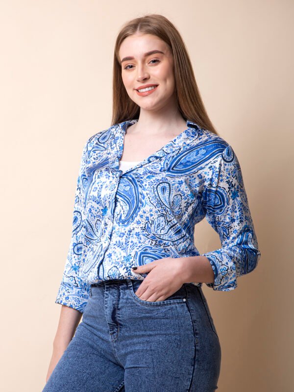 Blue Paisley Printed Satin Shirt