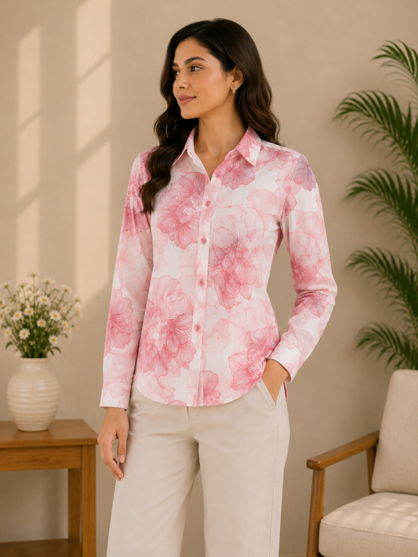 Women’s White & Pink Floral Printed Full Sleeve Shirt