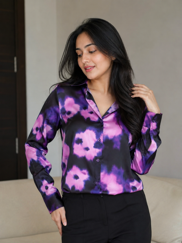 Blue Multicolor Printed Satin Shirt