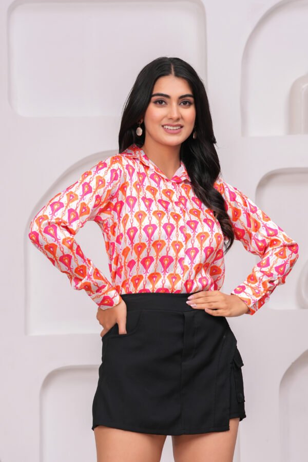 Women’s Pink & Orange Floral Printed Full Sleeve Shirt